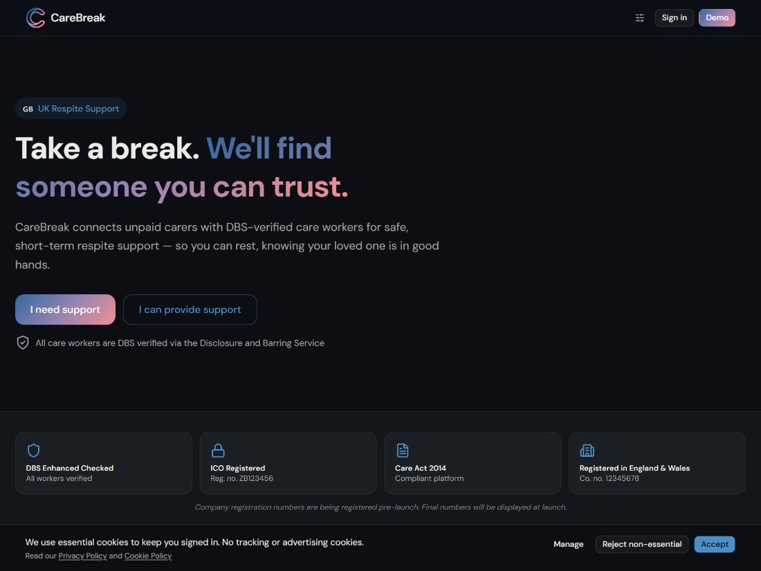 Carebreak — screenshot of the live product